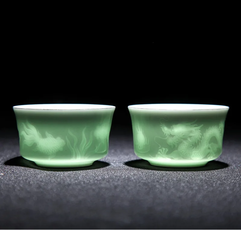 1 Pc 80ml Sculpted Hand Lotus Dragon Cup Of Tea At Jingdezhen Ceramics Celadon Kung Fu Teacups Drinkware Accessories