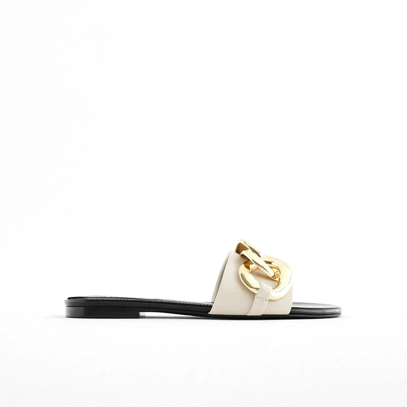 

patent leather women's shoes Beige chain decorated flat sandals