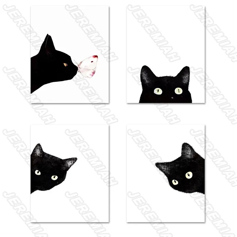 

Little Black Cat Butterfly Animal Poster Nordic Style Wall Art Canvas Print Painting Modern Children Bedroom Decoration
