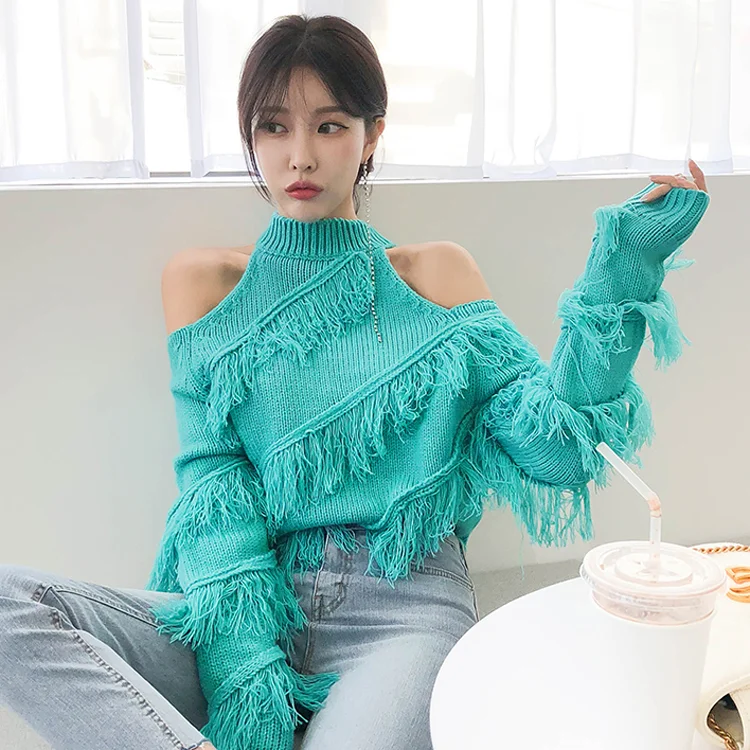 Новинка зимы 2019 женские пуловеры с бахромой свитер сексуальный водолазка