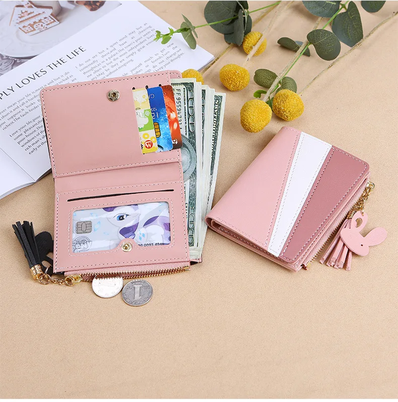 

New PU Leather Patchwork women wallets 2020 Tassel Short women's purses Fresh Thin Woman wallet Panelled Mini Girls coin wallet