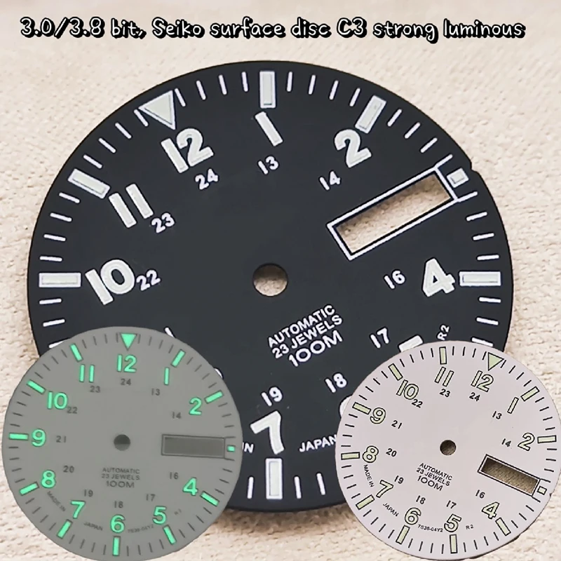 

28.5mm NH36 Watch Dial Green Luminous Dial for SKX007 SKX009 Modified Watch Parts Tools Dual Calendar Watch Dial with S LOGO