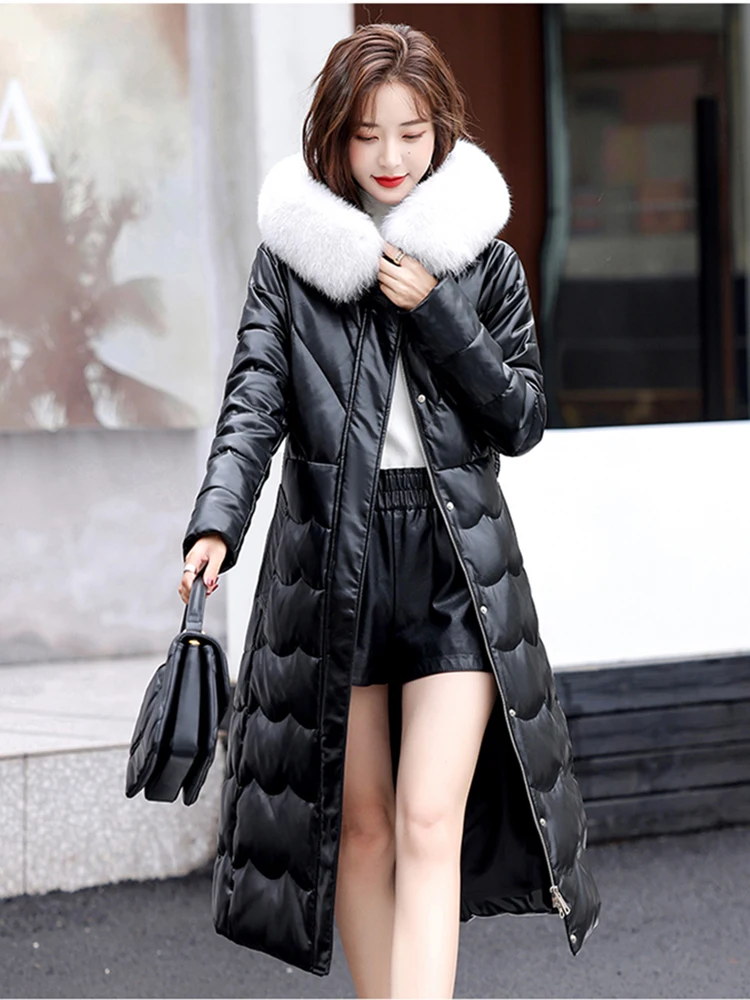 New Women Sheepskin Down Jacket Autumn Winter 2022 Elegant Fashion Real Fox Fur Collar Thick Warm Slim Long Leather Overcoat