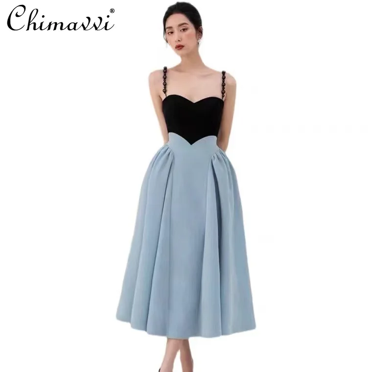 

Women's Sexy High Street New Slash Collar Color Contrast Sleeveless A-line Dress Summer Beaded Fashion Empire Slimming Dress