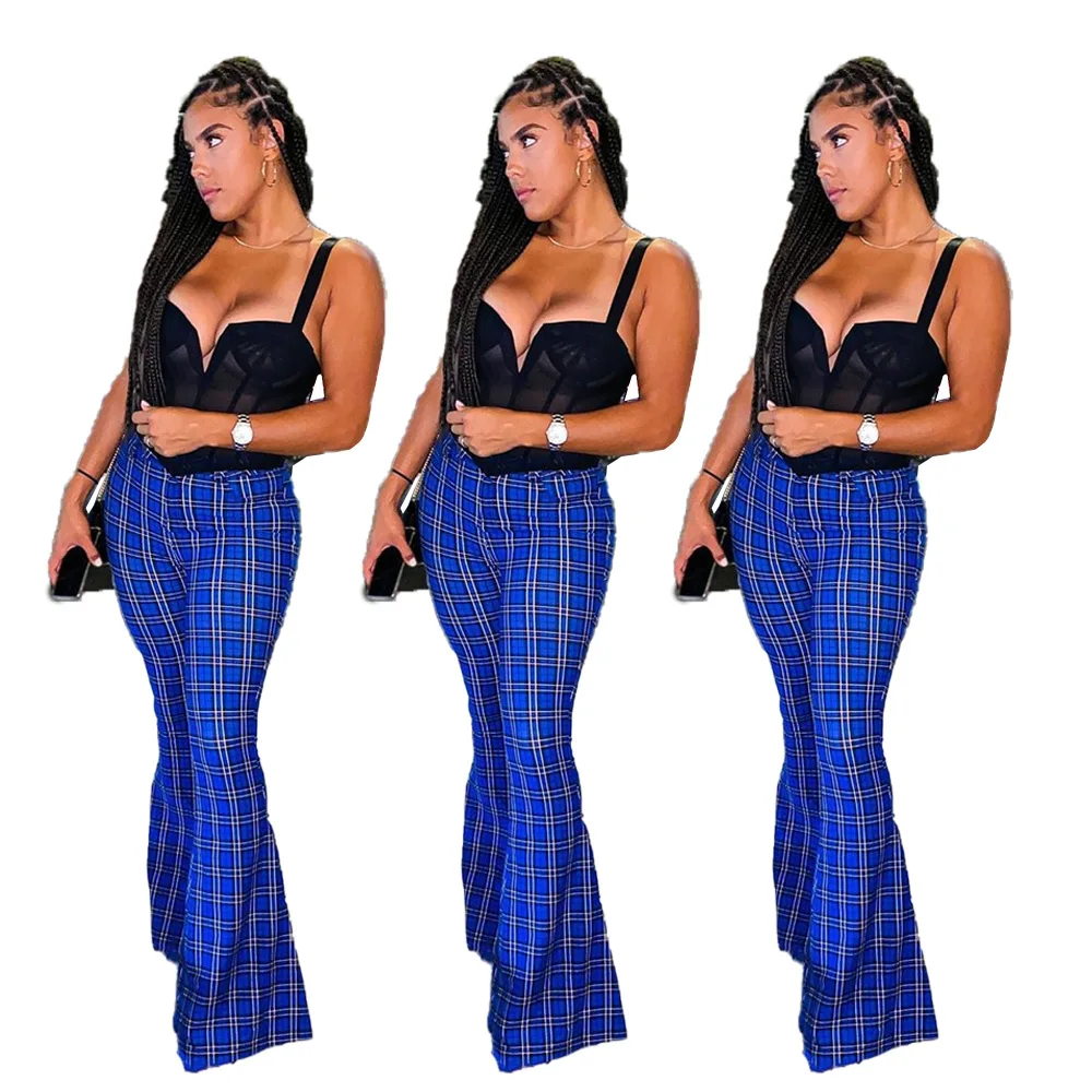 

Zoctuo Pant For Women Long Plaid Print Flare Pants for Women High Waist Casual Trousers Ladies Streetwear New Fashion Pant 2021