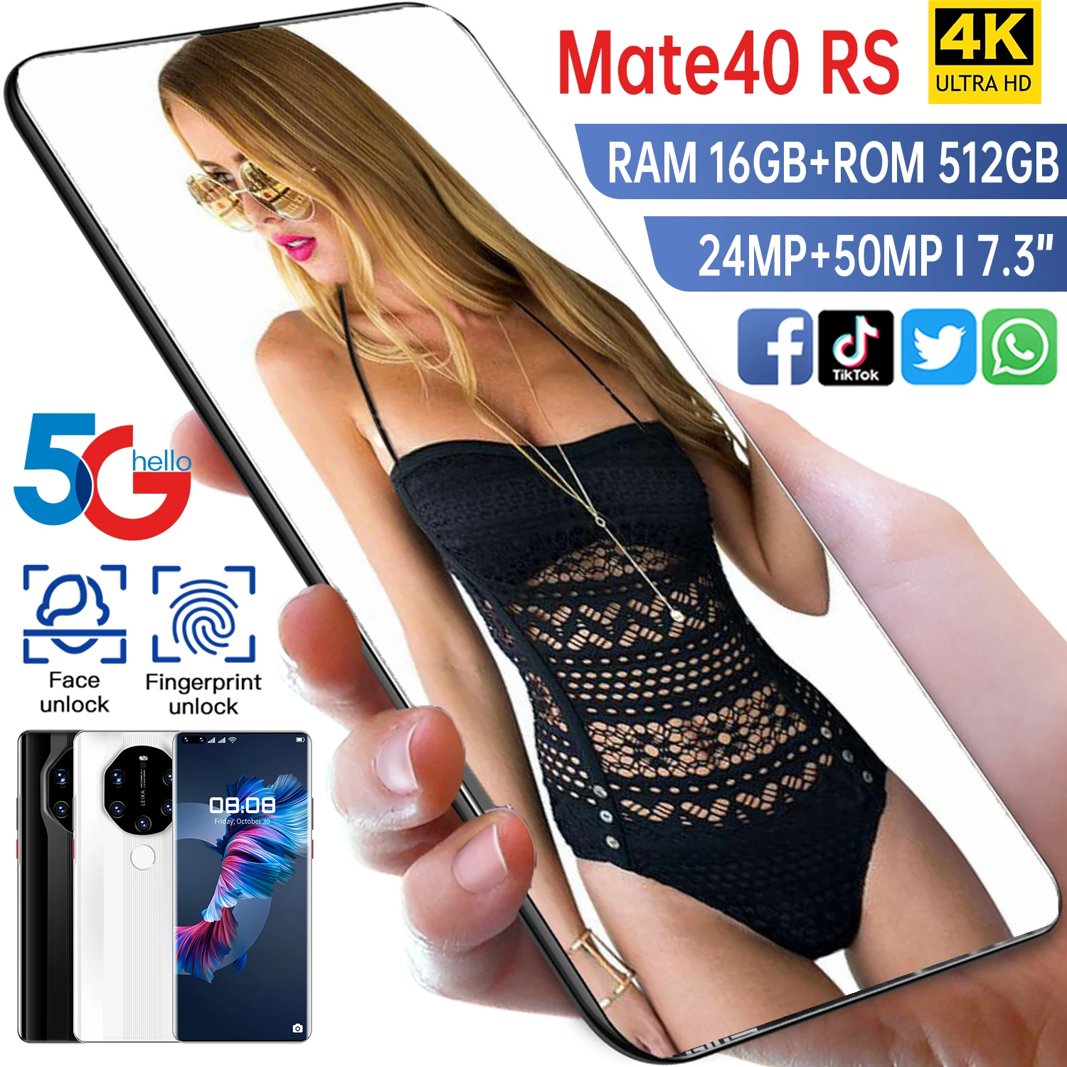 

Official Original New Mate40 RS Global Version 7.3 Inch Screen 16GB 512GB 24MP 50MP Camera Face ID 5G Android Fingerprint Unlock