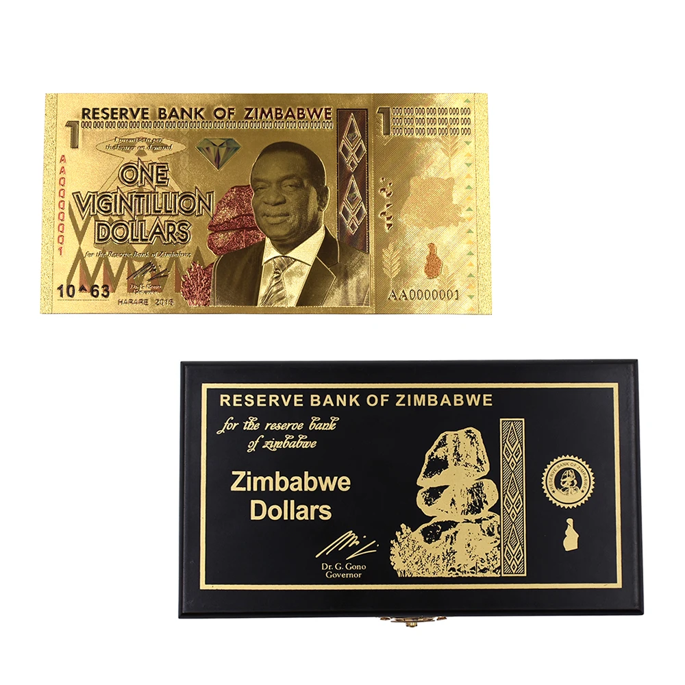

One Vigintillion Dollars Zimbabwe Gold Banknotes Fake Money Bills 24k Gold Foil Banknote with Box for Christmas Gifts 50pcs/lot