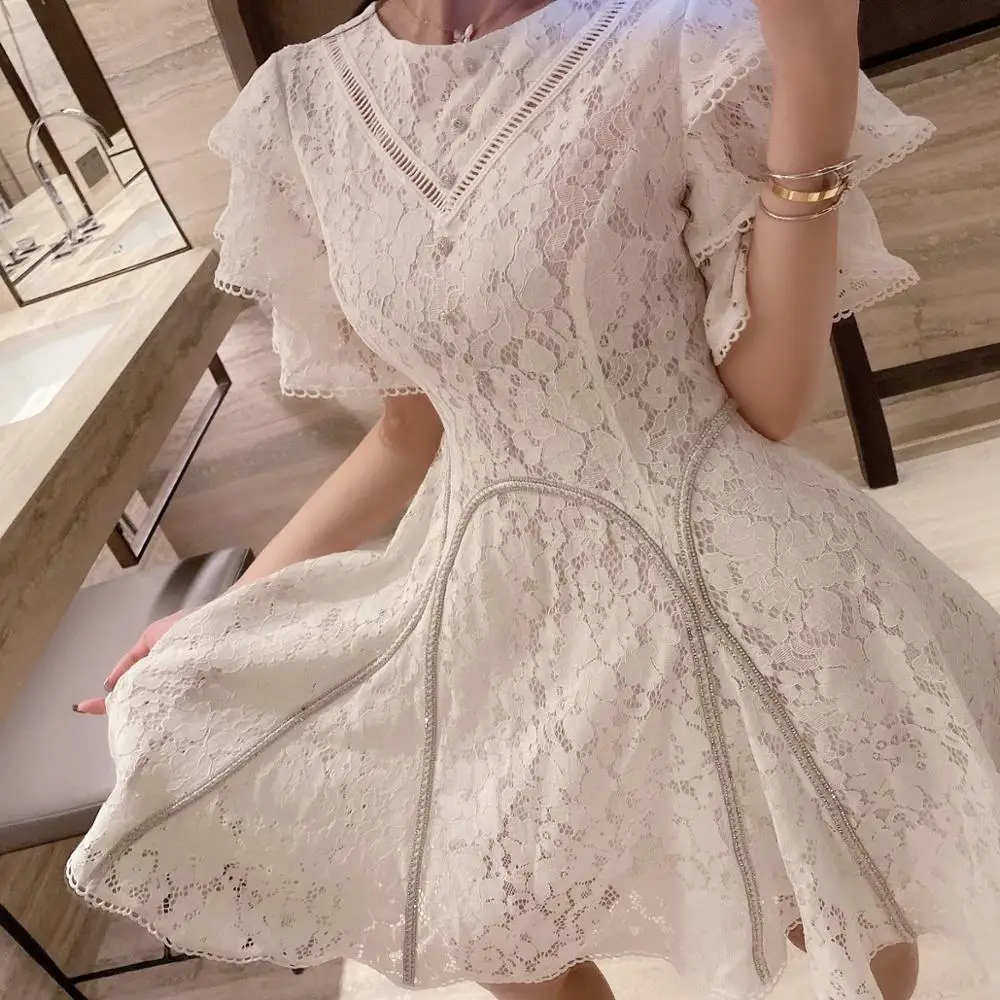 

Summer short-sleeved round neck solid color fashion ladies hollow Out white lace patchwork party elegant Mini vestidos dress