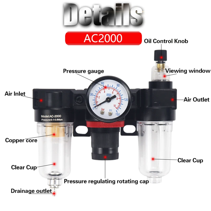 AC2000-02 1/4&quotPressure Regulator Gauge Air Compressor Filter Oil Moisture Separator For Water Filters Dehumidifie | Обустройство