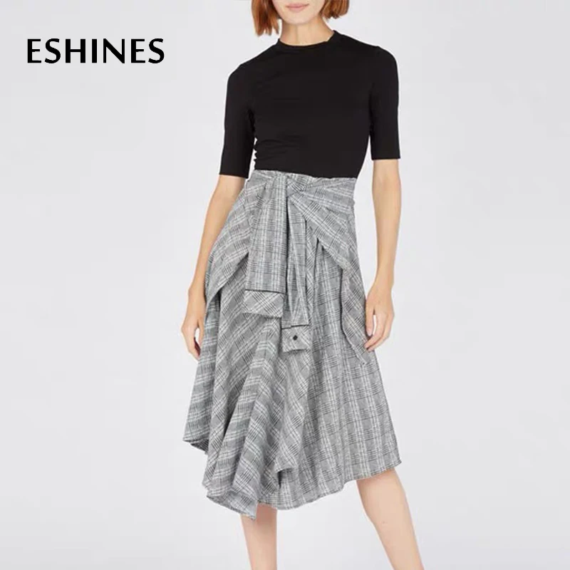 ESHINES/осенне зимнее черное платье средней длины в стиле пэчворк повседневное