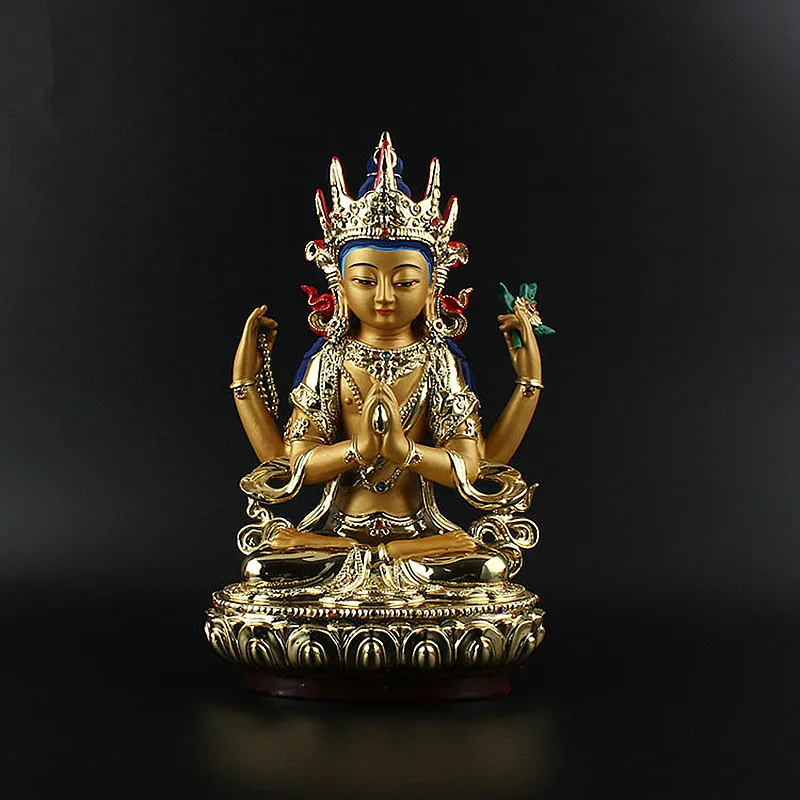 Four-armed buddha 26 см золотое покрытие цветной Тибетский транский четыре-Armed Guanyin/avalokitesvara bodhisattva статуя Будды украшение - Цвет: Four-armed buddha