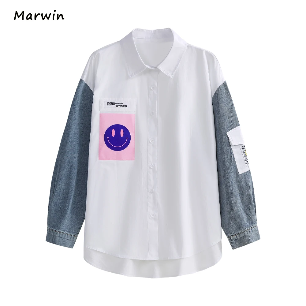 

Marwin&Friend Spring Summer Smile Patchwork Thin Cotton High Street Casual Style Loose Women Blouses
