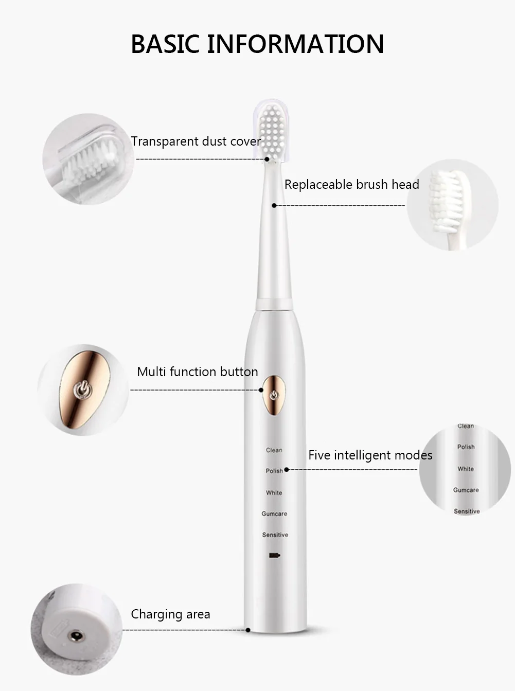 

New Sonic Electric Toothbrush Adult Timer Brush 5 Mode USB Charger Rechargeable Tooth Brushes Replacement Heads Set