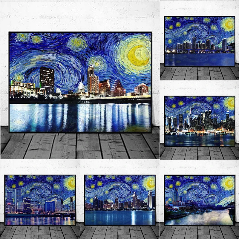 

Modern City Building In Starry Night Canvas Wall Art Paintings Landscape Abstract Poster and Prints Decorative Picture Cuadros
