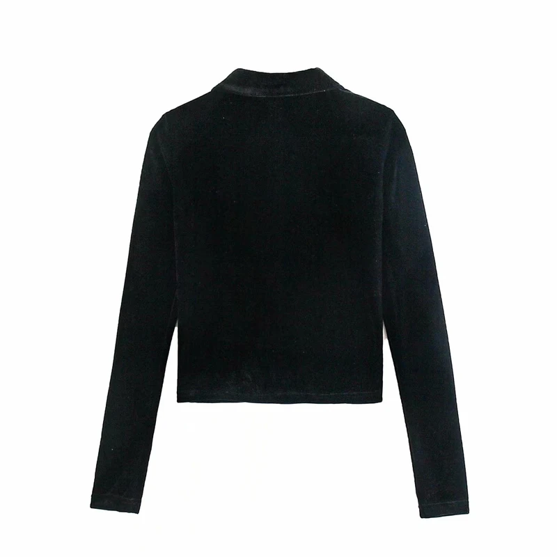 

Spring and autumn women's casual solid color lapel long-sleeved slim short velvet top