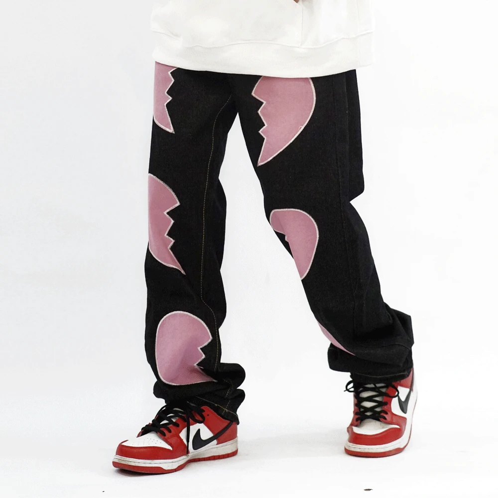 Korean Fashion Love Patch Embroidery Retro Washed Men Baggy Jeans Trousers Cotton Casual Straight Women Kpop Denim Pants Spodnie