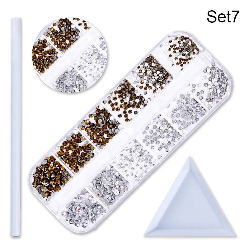 Set 7 1 коробка для дизайна ногтей 3D Амулеты Стразы для ногтей круглые смешанные цвета, плоский задник красочные блестящие стразы для украшения ногтей - Цвет: Set 7