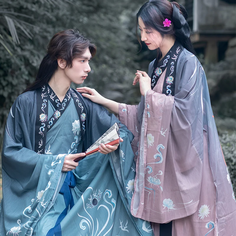 

2022 chinese traditional hanfu wei and jin dynasty unisex couple outfit folk dance stage costume printing and embroidery hanfu