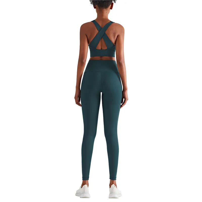 Solid Color Fitness Thicken Yoga Set Tights Cross Back Sports Bra Leggings Tracksuit Two Piece Set Women Gym Clothe Suit Female images - 6