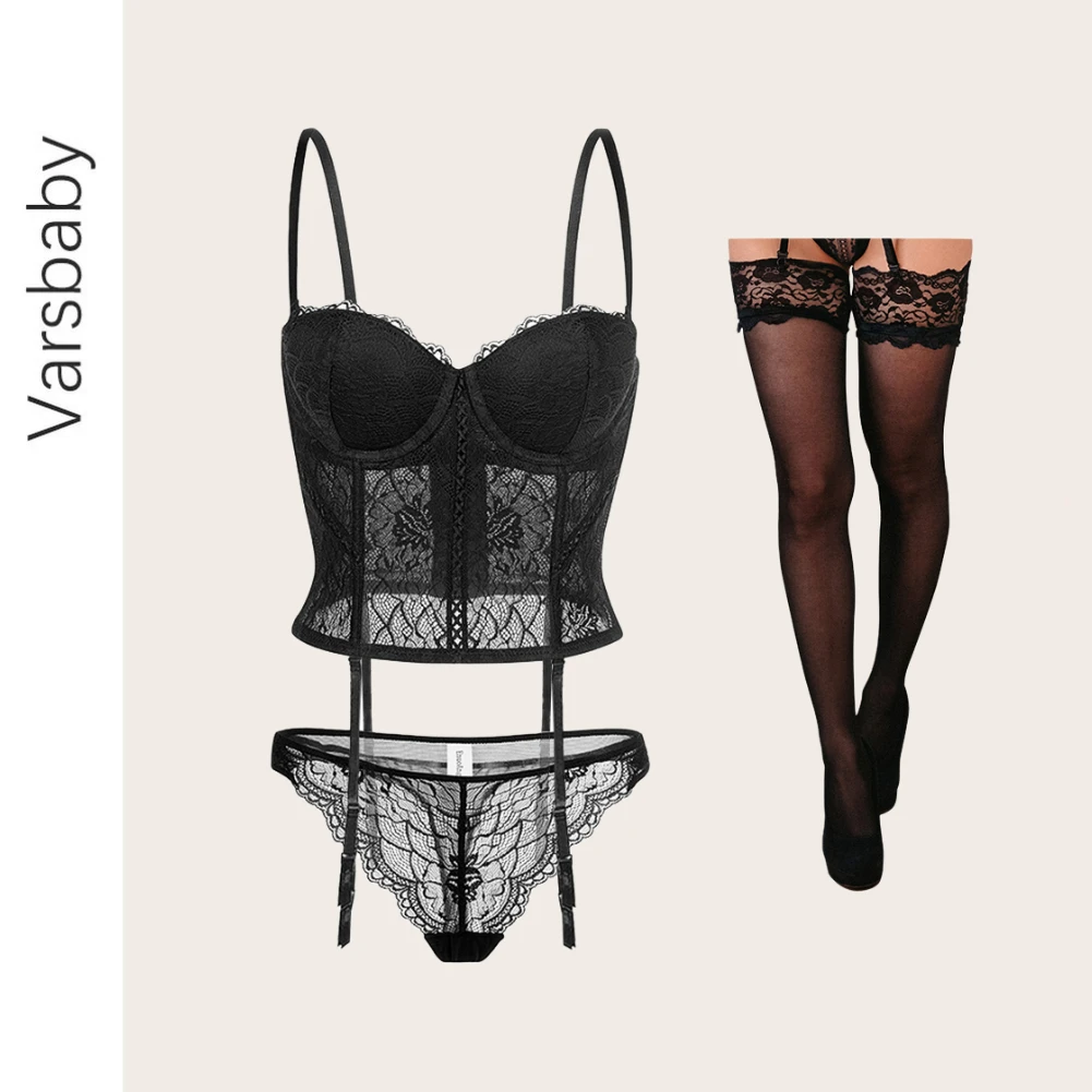 

3 шт./комплект, бюстгальтер пуш-ап + кружевные прозрачные стринги + чулки