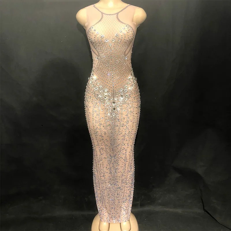 Sexy Bling Long Rhinestone bodycon Dress Women Net Yarn Sparkling Crystal Sleeveless Nightclub Party Dancer Singer Stage Wear |