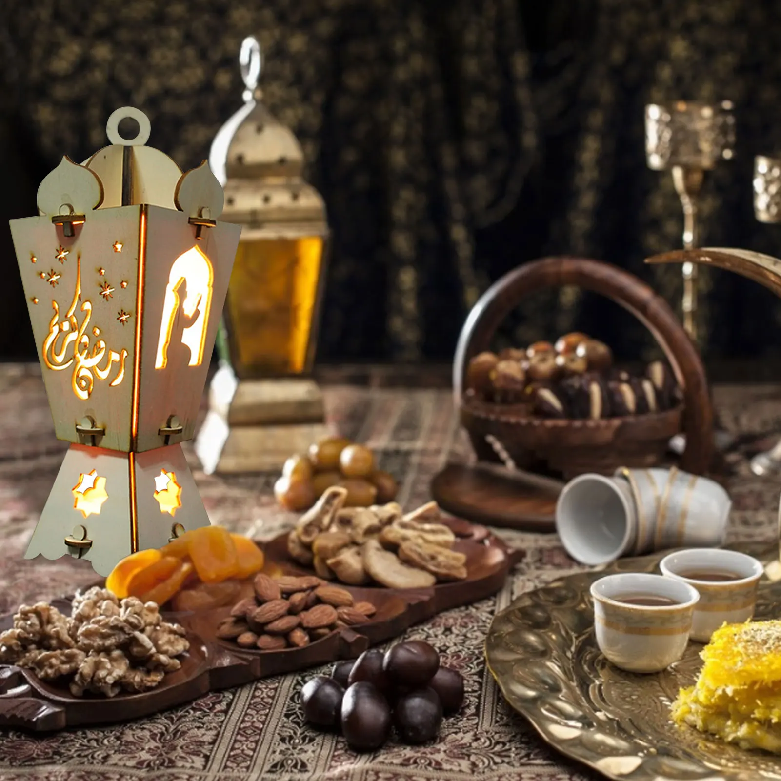 

2021 Ramadan LED Lights Muslim Eid Al-Fitr Lantern Eid Mubarak Festival Wooden Lamp Decoration Crafts Desktop Eid Decoration