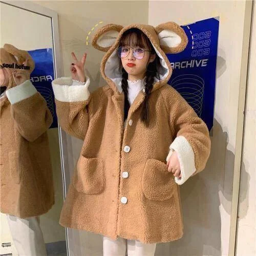 Double-Layer Hat Lamb down Sweater Women's Rabbit Ears Long Sleeve Rac |