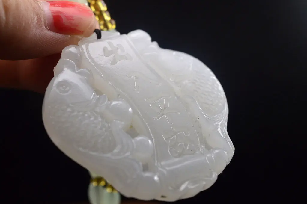 

LETSFUN Fine Jewelry China New Hand Carved Natural White Jade Statue Pendant Free Necklaces Pisces Free Shipping