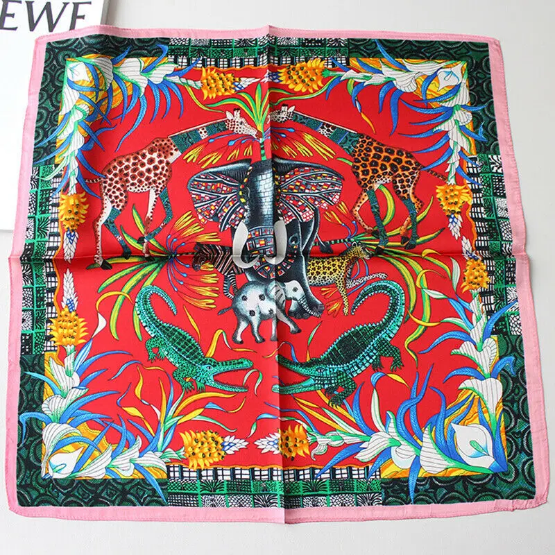 

2021 New Luxury 100% Silk Scarf Shiny Bandana Women Fashion Elephant Animal Zoo Print Kerchief Headband Headscarf 53*53cm