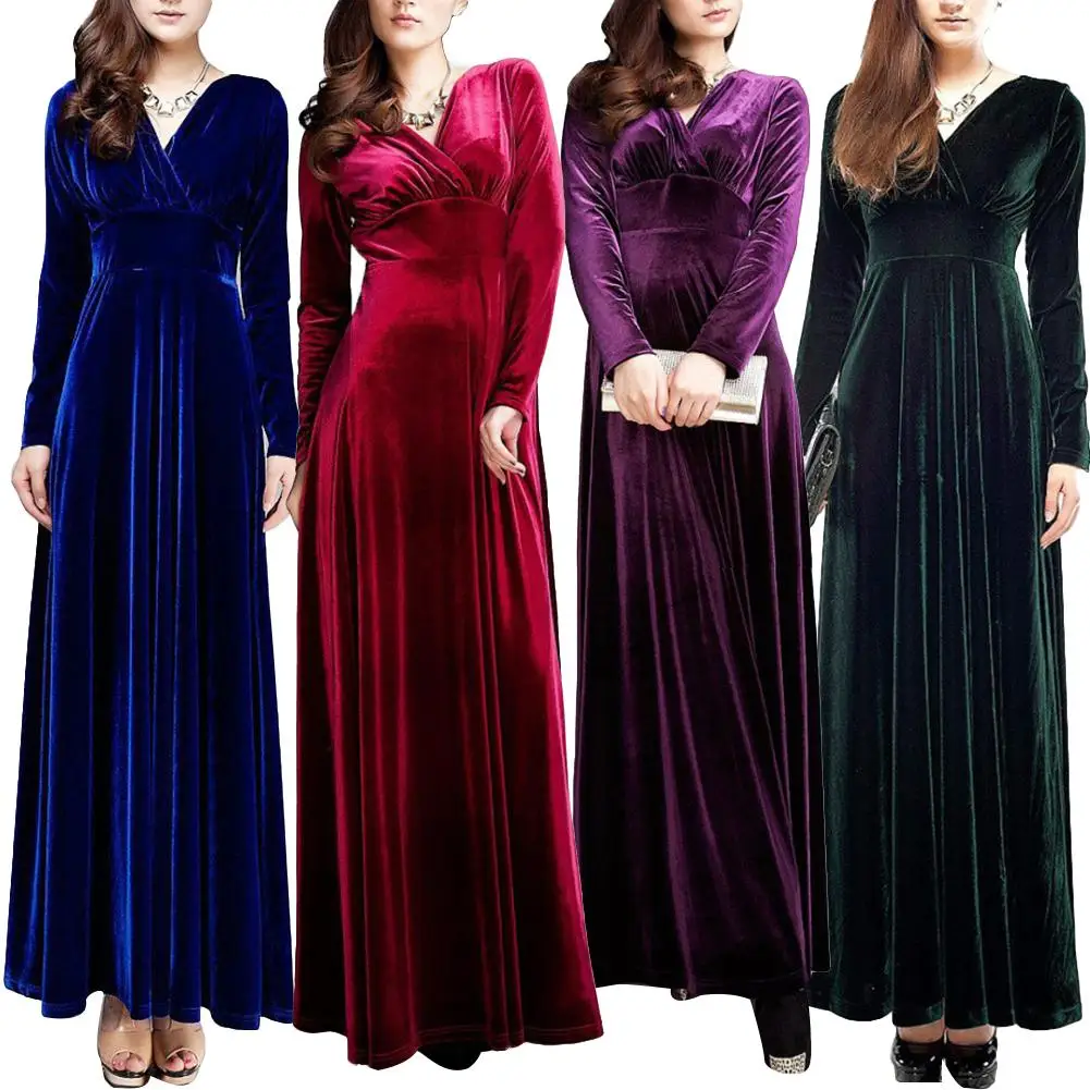 

Vintage Women Autumn Long Sleeve V Neck Pleated Velvet Banquet Party Maxi Dress