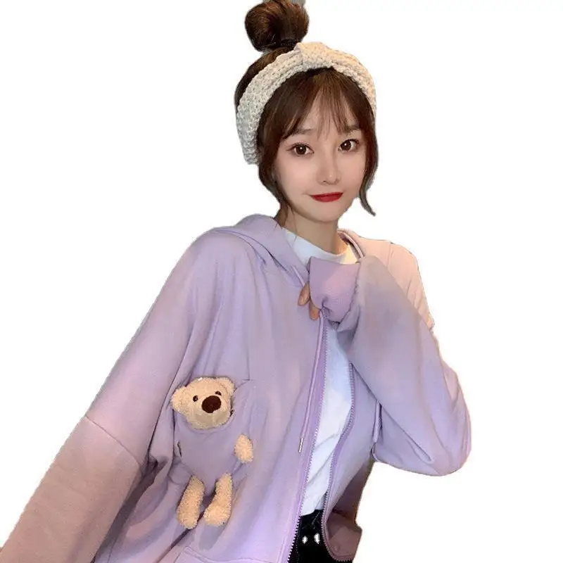 

Physical bear hooded woman Autumn Dongsen tied lazy port wind zipper cardigan fried street thin long-sleeved jacket tide