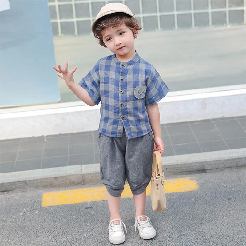 

Children Kids Handsome Summer Plaid T-Shirt + Solid Pants Suit 2PCS Set Toddler Boys Fashion Trend Clothing Outfit