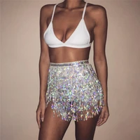 women sexy belly irregular fringed sequins bandage miniskirt with adjustable waist straps dance performance rave party nightclub