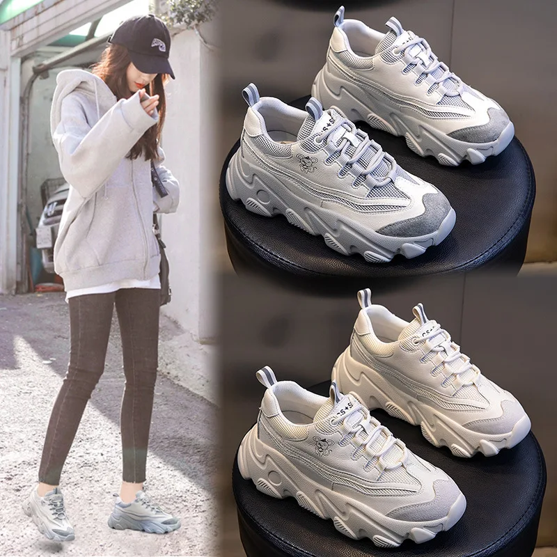 Весенняя кожаная женская обувь кроссовки Новинка 2020 года для папы на толстой