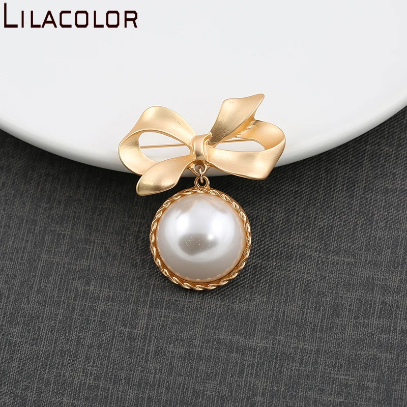 Lilacolor металлические креативные Броши с золотым жемчугом и бантом для женщин
