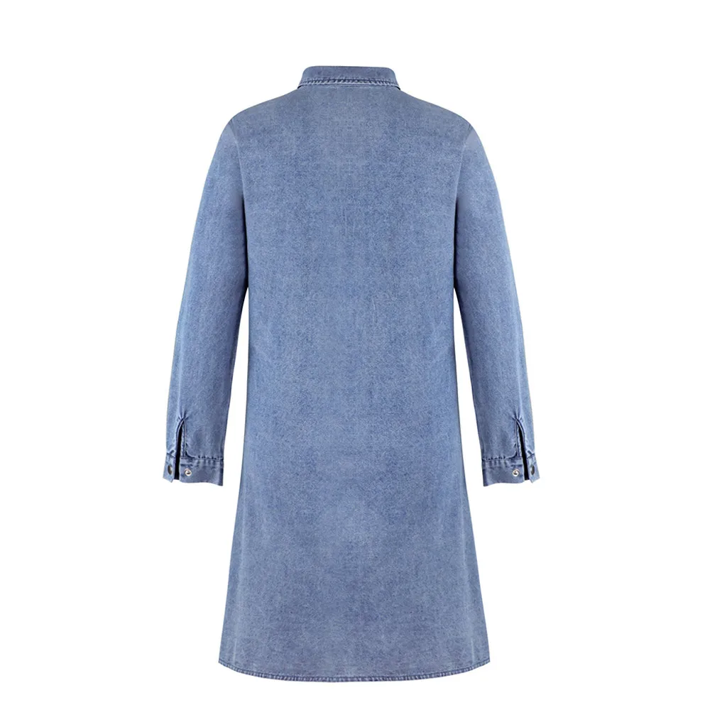 Модные женские джинсовые мини платье с отложным воротником отворотом Длинные