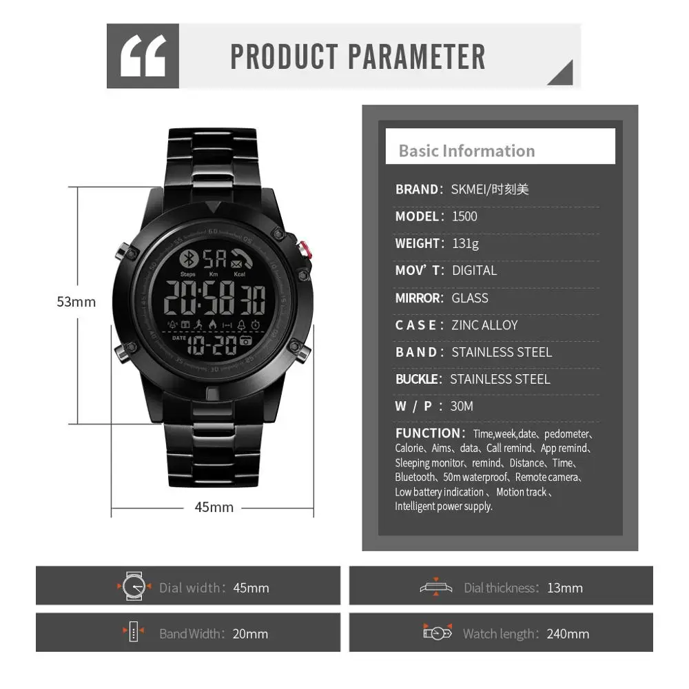 

SKMEI Smart Fashion Sports Watch Men Life Waterproof No Charge Endurance Ability Bluetooth Motion Track reloj inteligente 1500