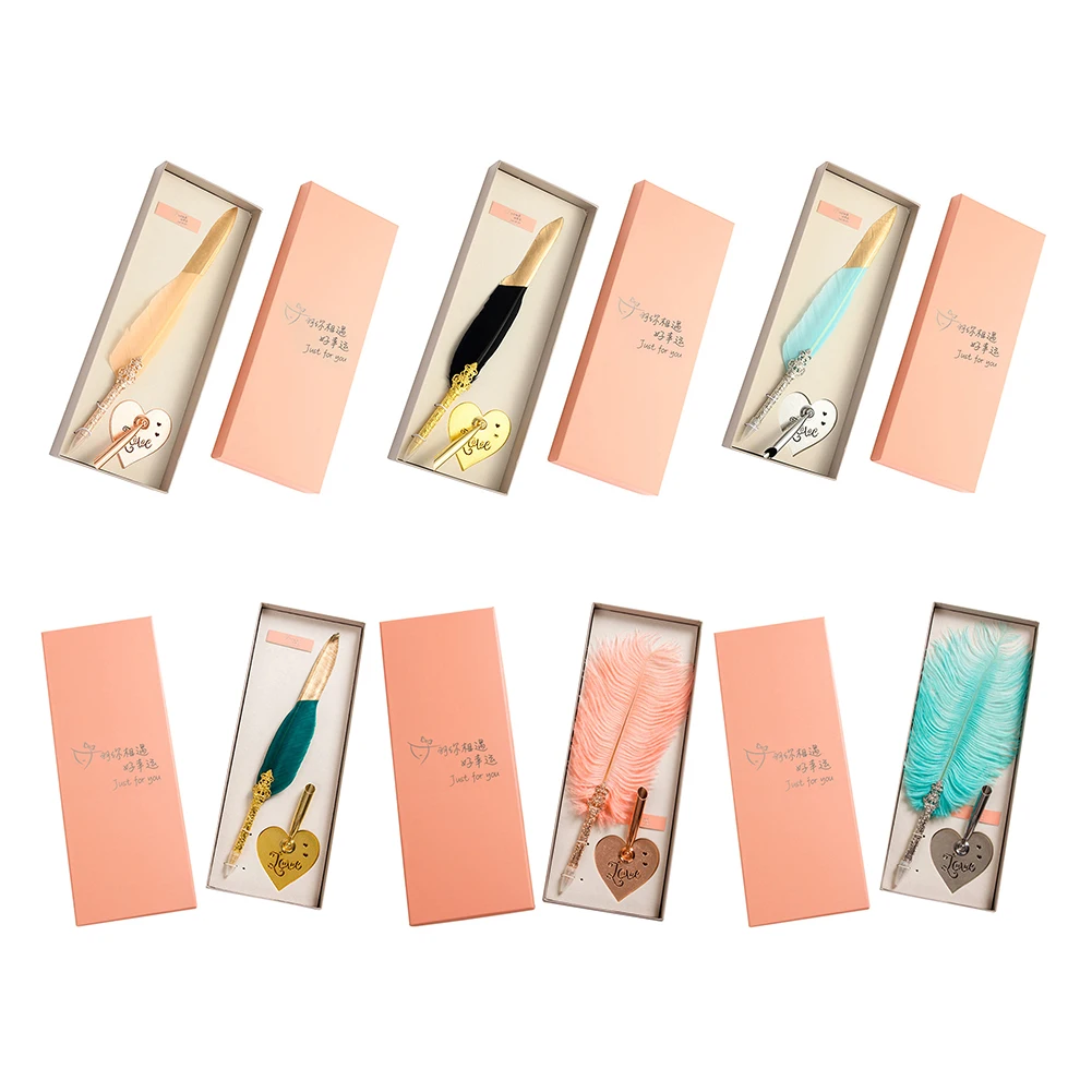 

English Calligraphy Feather Dip Pen Set Vintage Retro Writing Fountain Pen with Heart Shaped Pen Holder Stand for Wedding Gift