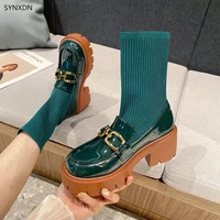 synxdn glassy women ankle boots thick bottom autumn shoes square heels loafers botas buckle elastic knitting booties