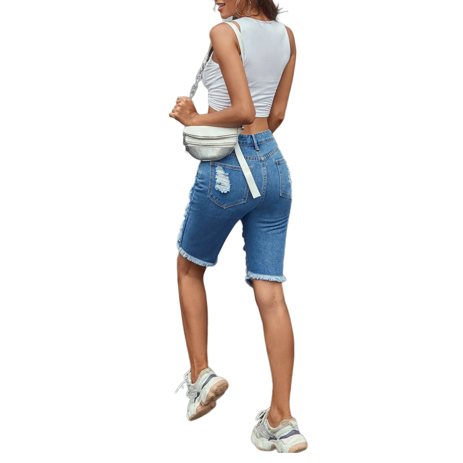 

Breathable Ladies Ripped Denim Shorts, Summer Girls Fashionable High Waist Thin Fifth Pants Female Casual Middle Trousers