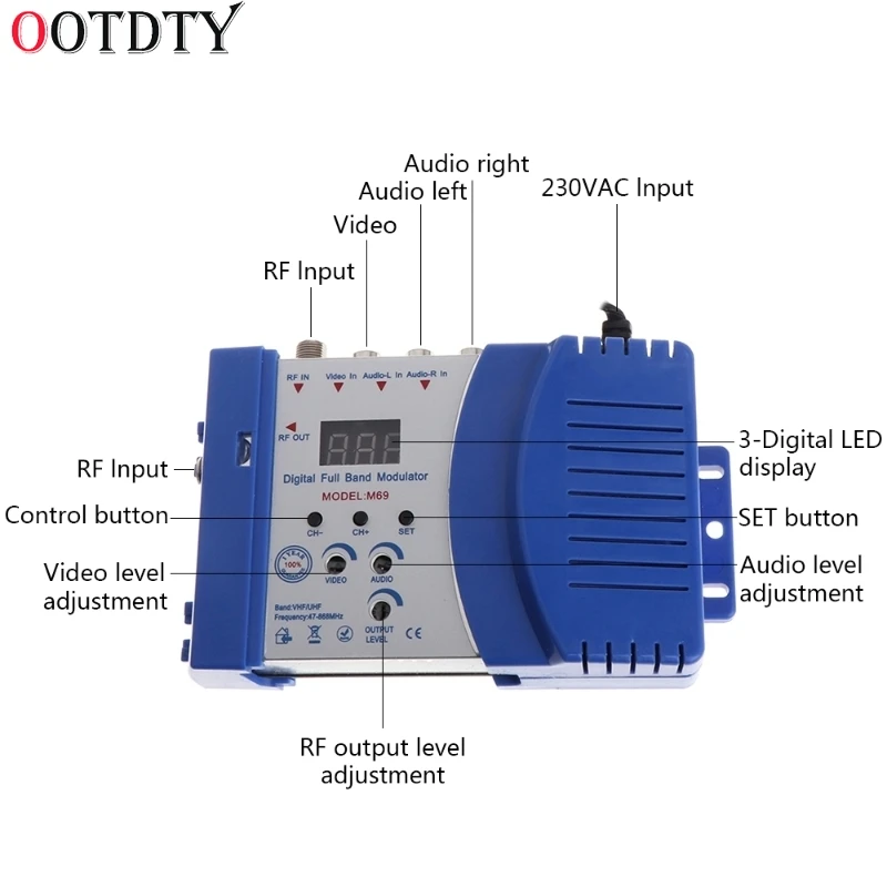 

OOTDTY High Performance Auto RF Modulator Compact RF Modulator Audio Video TV Converter RHF UHF Signal Amplifier AC230V