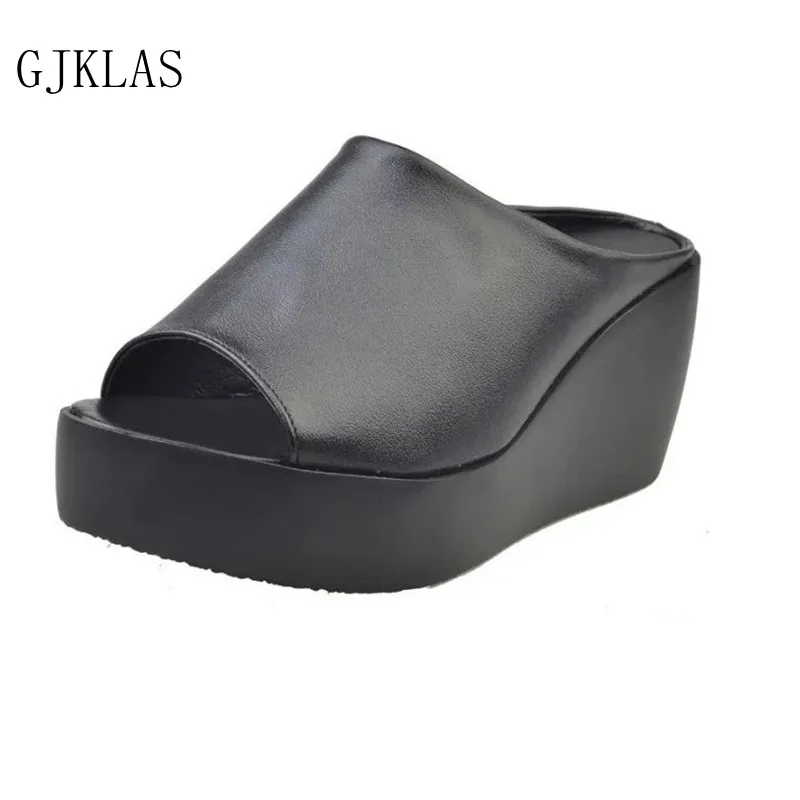 

Platform Wedges Sandals for Women High Heels Slides Platforms Slippers Women Summer New Leather White Heels Woman Shoes Slippers