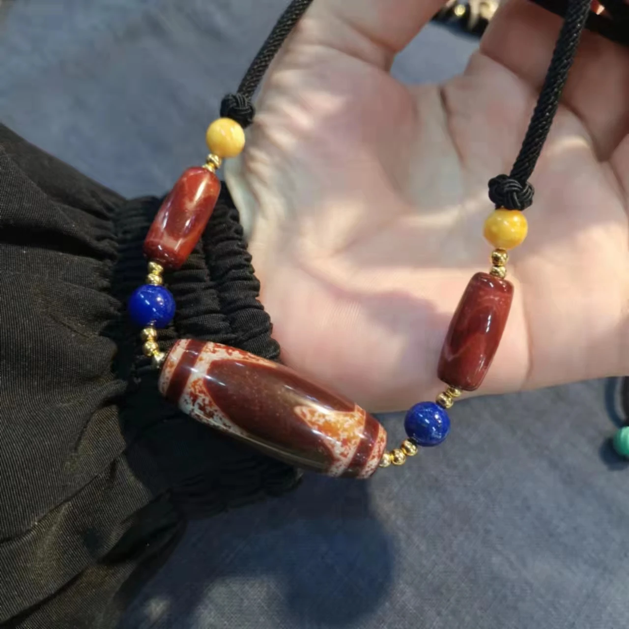 

1pcs/lot natural old cinnabar red spot tiger tooth dzi lapis lazuli turquoise amber multi-precious stones necklace Collection