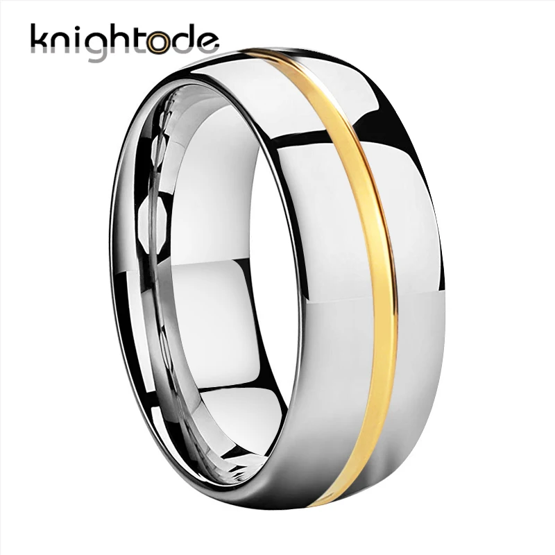 Золотой цвет Рифленое кольцо из карбида вольфрама купольное серебристое