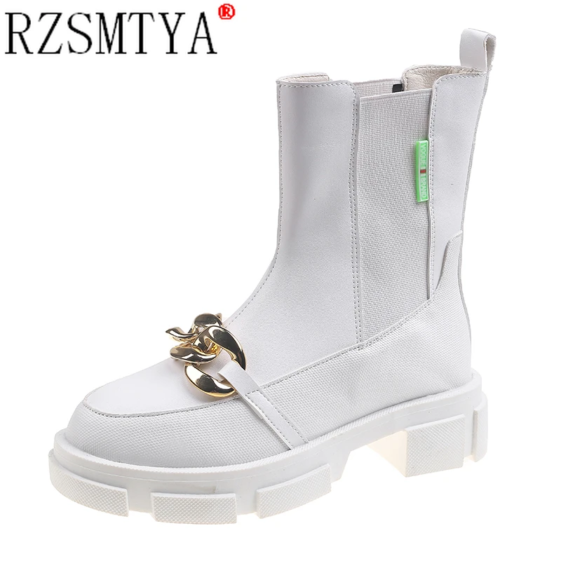 

Women Fashion Boots Pu Solid Metal Chain Platform Ladies Chelsea Boots Round Toe Sexy Concise Female Bottom Boots Comfort 2021
