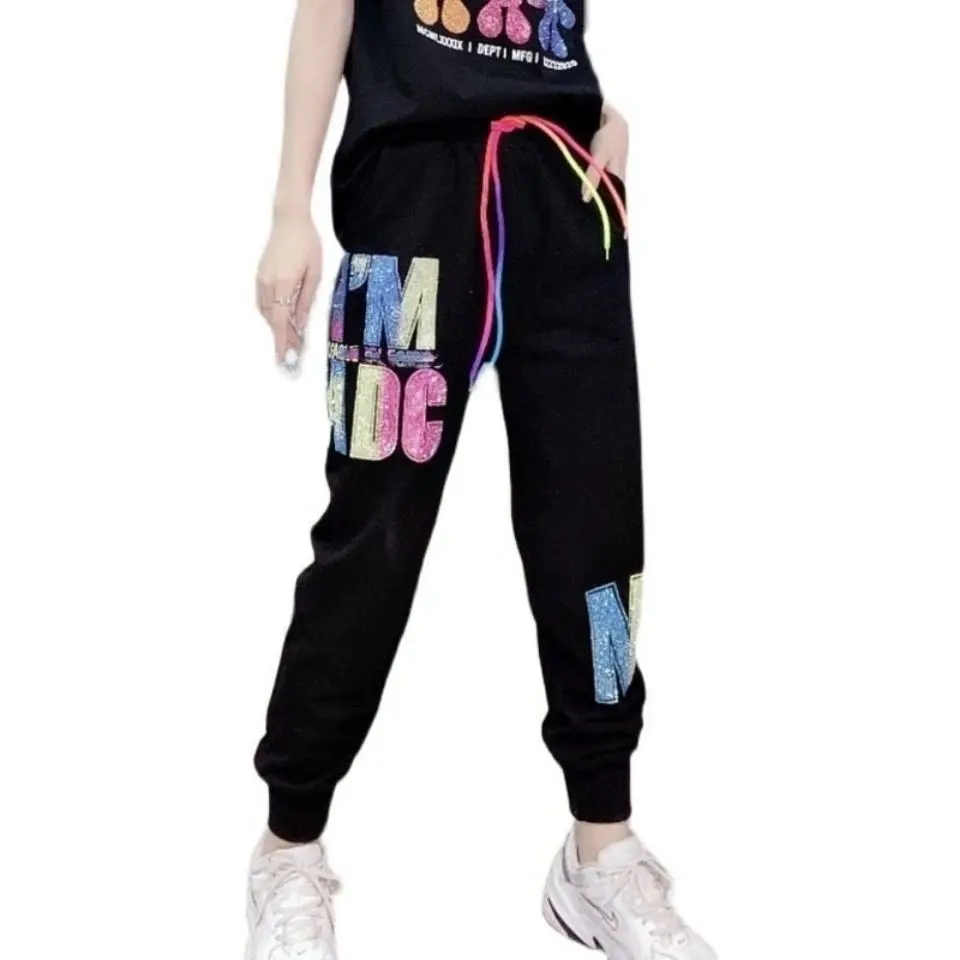 

Spring and summer new ribbon hot drilling knitting ice silk thin Harem Pants high waist quarter legged casual pants for women