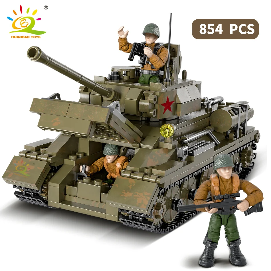 Конструктор HUIQIBAO 854 шт. военная модель WW2 T-34 средний танк с 3 фигурками солдат