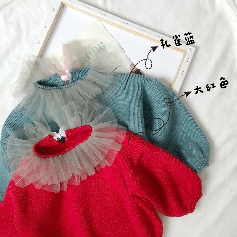 Элегантные комплекты одежды для девочек свитер с кружевным воротником маленьких