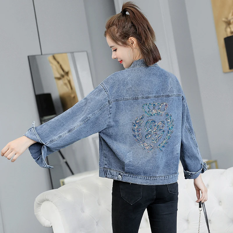 Женская синяя джинсовая куртка с блестками осенне-Весенняя корейская модная для