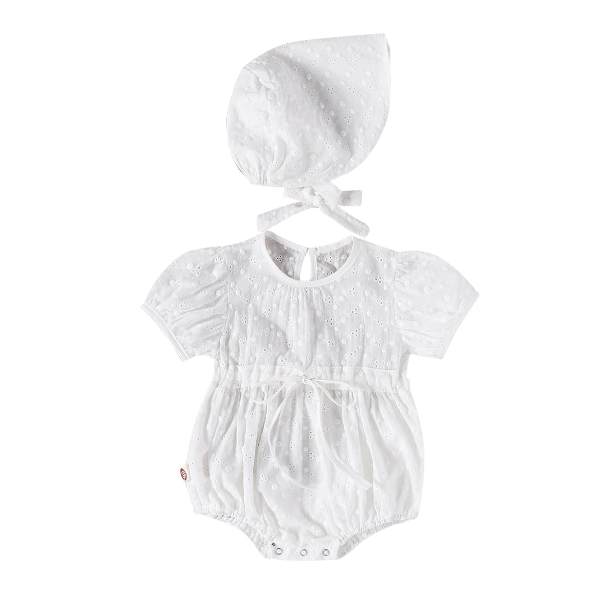 

Newborn's Baby Clothes Two Piece Suit Infant's Hollow Out Romper Pure White Bubble Sleeve Jumpsuit Hat for Baby 0-24M